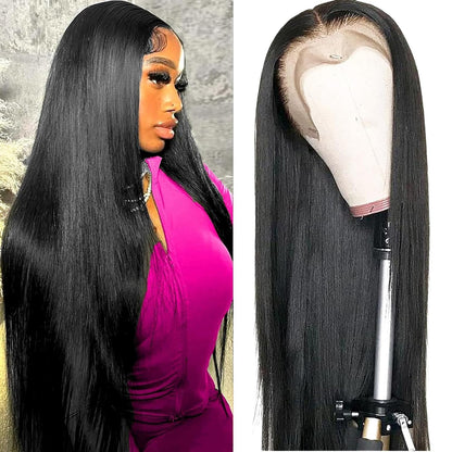 Violly 28 Inch 13X4 Lace Front Wigs Human Hair Straight HD Transparent Wigs for Women 180 Density Straight Lace Frontal Human Hair Wigs Pre Plcked with Baby Hair Natural Black