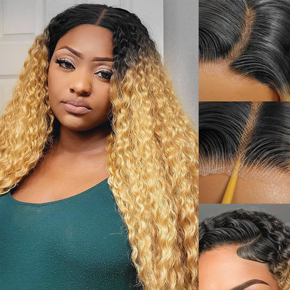 Omber Brown 27 Deep Wave Lace Front Wigs Human Hair Colored Lace Frontal Wig for Women 4X4 HD Lace Blonde Curly Wig Human Hair Pre Plucked with Baby Hair 200% Density, 28 Inch