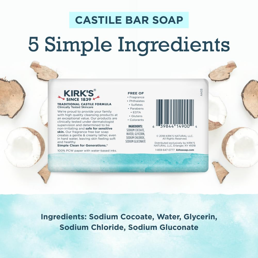 Kirk'S Castile Bar Soap for Men, Women & Children - Made with Premium Coconut Oil, Sensitive Skin Formula- Vegan & Non GMO- Fragrance Free- 4 Oz. Bars 6 Pack