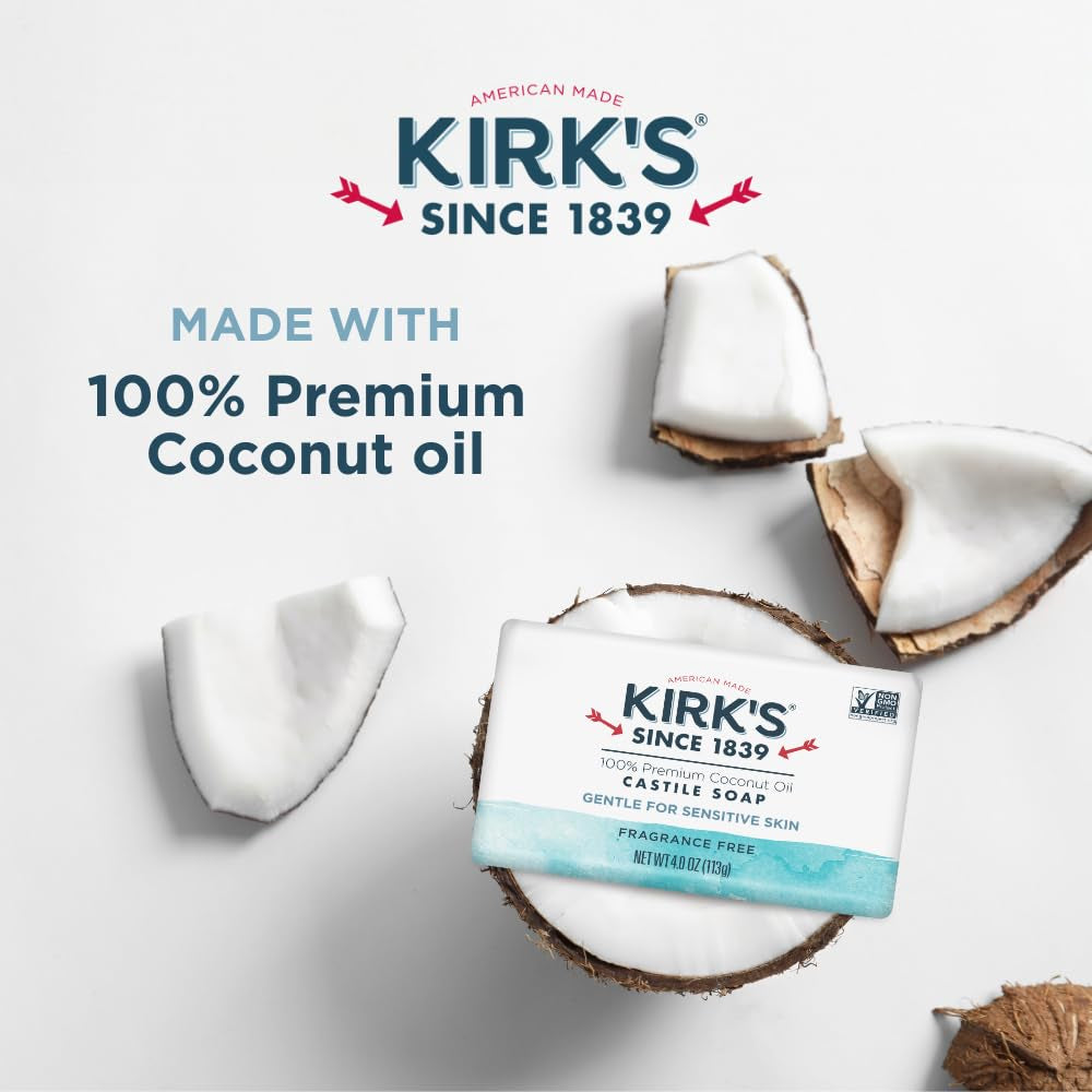 Kirk'S Castile Bar Soap for Men, Women & Children - Made with Premium Coconut Oil, Sensitive Skin Formula- Vegan & Non GMO- Fragrance Free- 4 Oz. Bars 6 Pack