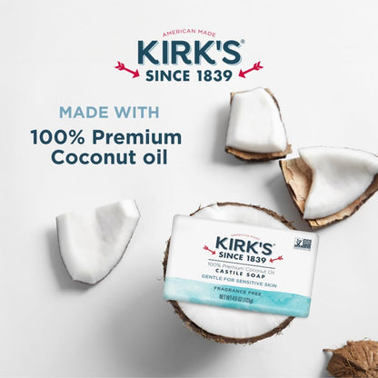 Kirk'S Castile Bar Soap for Men, Women & Children - Made with Premium Coconut Oil, Sensitive Skin Formula- Vegan & Non GMO- Fragrance Free- 4 Oz. Bars 6 Pack